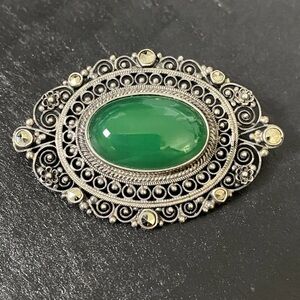 Antique Brooch Pin 800 Silver Marcasite & Green Chalcedony C-Clasp 1-5/8"